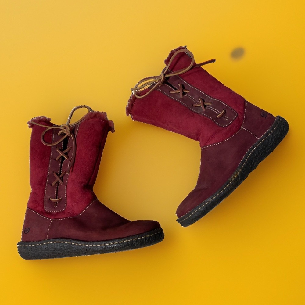 Born Burgundy Duck Feet Suede Boots Size 6 Women's Faux Fur Ins Cottage Core